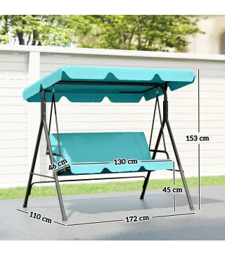 Balancín de Jardín Exterior Columpio de 3 Plazas con Toldo Ajustable y Marco de Acero 172x110x153 cm Verde Azulado