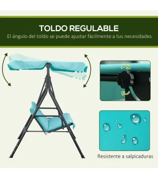 Balancín de Jardín Exterior Columpio de 3 Plazas con Toldo Ajustable y Marco de Acero 172x110x153 cm Verde Azulado