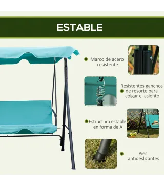 Balancín de Jardín Exterior Columpio de 3 Plazas con Toldo Ajustable y Marco de Acero 172x110x153 cm Verde Azulado