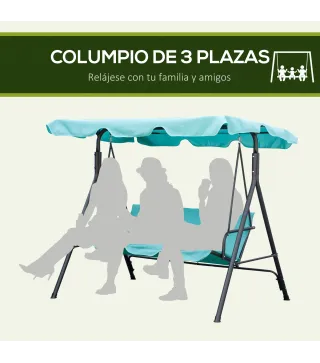 Balancín de Jardín Exterior Columpio de 3 Plazas con Toldo Ajustable y Marco de Acero 172x110x153 cm Verde Azulado