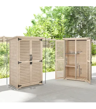 Caseta de Jardín de Madera 75x50x118 cm Armario para Almacenaje de Herramientas con 2 Estantes y 2 Puertas Natural