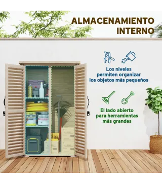 Caseta de Jardín de Madera 75x50x118 cm Armario para Almacenaje de Herramientas con 2 Estantes y 2 Puertas Natural