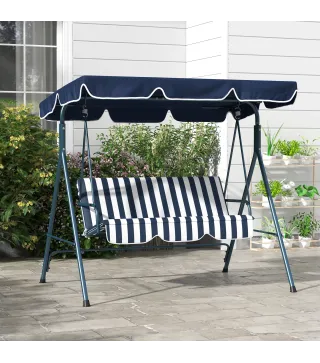 Columpio Balancín de Jardín de 3 Plazas con Cojín Techo Ajustable y Marco de Acero 172x110x153 cm Rayas Azul y Blanco