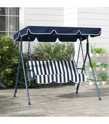 Columpio Balancín de Jardín de 3 Plazas con Cojín Techo Ajustable y Marco de Acero 172x110x153 cm Rayas Azul y Blanco