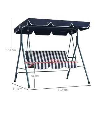 Columpio Balancín de Jardín de 3 Plazas con Cojín Techo Ajustable y Marco de Acero 172x110x153 cm Rayas Azul y Blanco