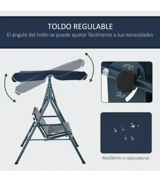 Columpio Balancín de Jardín de 3 Plazas con Cojín Techo Ajustable y Marco de Acero 172x110x153 cm Rayas Azul y Blanco