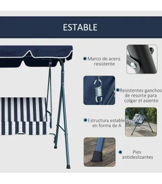 Columpio Balancín de Jardín de 3 Plazas con Cojín Techo Ajustable y Marco de Acero 172x110x153 cm Rayas Azul y Blanco