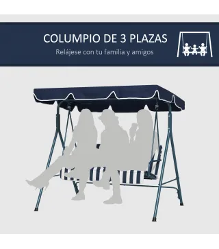 Columpio Balancín de Jardín de 3 Plazas con Cojín Techo Ajustable y Marco de Acero 172x110x153 cm Rayas Azul y Blanco