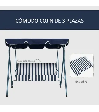 Columpio Balancín de Jardín de 3 Plazas con Cojín Techo Ajustable y Marco de Acero 172x110x153 cm Rayas Azul y Blanco