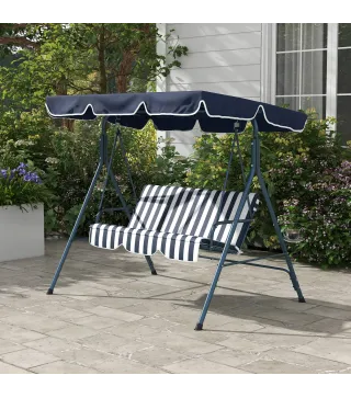 Columpio Balancín de Jardín de 3 Plazas con Cojín Techo Ajustable y Marco de Acero 172x110x153 cm Rayas Azul y Blanco