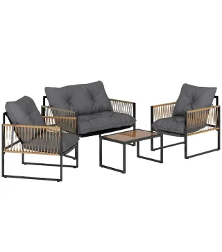 Conjunto de Jardín Exterior de Ratán Sintético con 2 Sillones 1 Sofá de 2 Plazas 1 Mesa de Centro y Cojines Gris