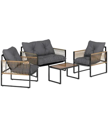 Conjunto de Jardín Exterior de Ratán Sintético con 2 Sillones 1 Sofá de 2 Plazas 1 Mesa de Centro y Cojines Gris