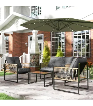 Conjunto de Jardín Exterior de Ratán Sintético con 2 Sillones 1 Sofá de 2 Plazas 1 Mesa de Centro y Cojines Gris