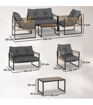 Conjunto de Jardín Exterior de Ratán Sintético con 2 Sillones 1 Sofá de 2 Plazas 1 Mesa de Centro y Cojines Gris