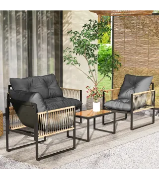 Conjunto de Jardín Exterior de Ratán Sintético con 2 Sillones 1 Sofá de 2 Plazas 1 Mesa de Centro y Cojines Gris