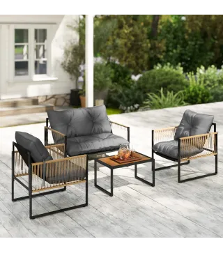 Conjunto de Jardín Exterior de Ratán Sintético con 2 Sillones 1 Sofá de 2 Plazas 1 Mesa de Centro y Cojines Gris