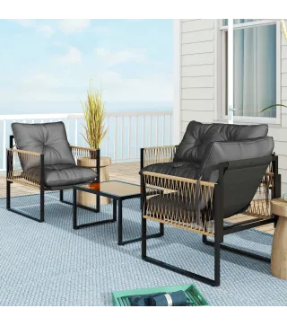 Conjunto de Jardín Exterior de Ratán Sintético con 2 Sillones 1 Sofá de 2 Plazas 1 Mesa de Centro y Cojines Gris