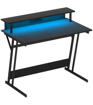 Escritorio Gaming con Luces LED 100x60 cm omas de Corriente Soporte para Monitor Estantes y Control Remoto Negro