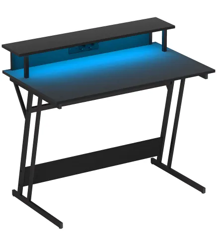 Escritorio Gaming con Luces LED 100x60 cm omas de Corriente Soporte para Monitor Estantes y Control Remoto Negro