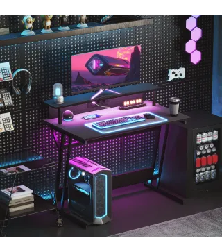 Escritorio Gaming con Luces LED 100x60 cm omas de Corriente Soporte para Monitor Estantes y Control Remoto Negro