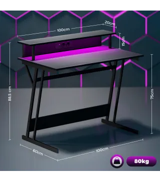 Escritorio Gaming con Luces LED 100x60 cm omas de Corriente Soporte para Monitor Estantes y Control Remoto Negro