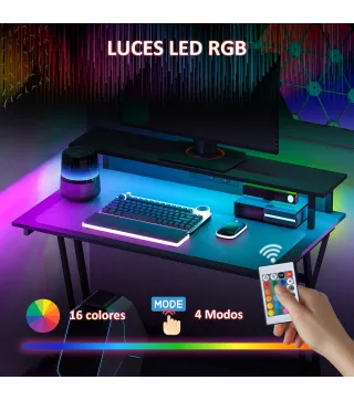 Escritorio Gaming con Luces LED 100x60 cm omas de Corriente Soporte para Monitor Estantes y Control Remoto Negro