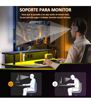 Escritorio Gaming con Luces LED 100x60 cm omas de Corriente Soporte para Monitor Estantes y Control Remoto Negro
