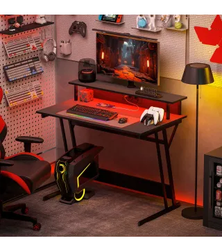 Escritorio Gaming con Luces LED 100x60 cm omas de Corriente Soporte para Monitor Estantes y Control Remoto Negro