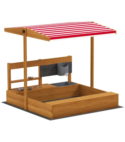 Arenero de Madera para Niños con Techo Regulable con Juguetes de Cocina Juego para Niños 3-7 Años 114x110x110 cm Marrón