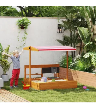 Arenero de Madera para Niños con Techo Regulable con Juguetes de Cocina Juego para Niños 3-7 Años 114x110x110 cm Marrón