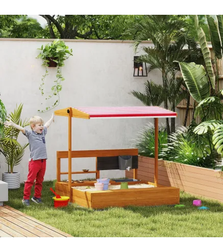 Arenero de Madera para Niños con Techo Regulable con Juguetes de Cocina Juego para Niños 3-7 Años 114x110x110 cm Marrón