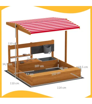 Arenero de Madera para Niños con Techo Regulable con Juguetes de Cocina Juego para Niños 3-7 Años 114x110x110 cm Marrón