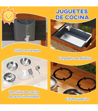 Arenero de Madera para Niños con Techo Regulable con Juguetes de Cocina Juego para Niños 3-7 Años 114x110x110 cm Marrón