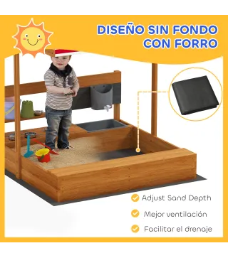 Arenero de Madera para Niños con Techo Regulable con Juguetes de Cocina Juego para Niños 3-7 Años 114x110x110 cm Marrón