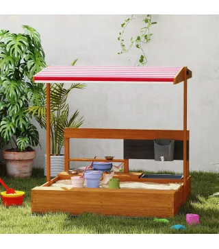 Arenero de Madera para Niños con Techo Regulable con Juguetes de Cocina Juego para Niños 3-7 Años 114x110x110 cm Marrón