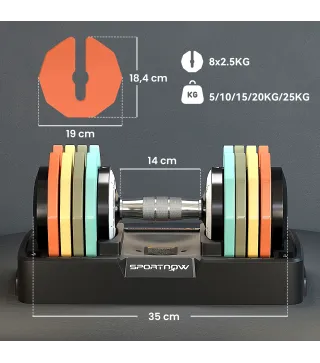 Mancuerna Ajustable 5 en 1 de 5 a 25 kg con Base de Almacenamiento y Mango Antideslizante para Casa Gimnasio Multicolor