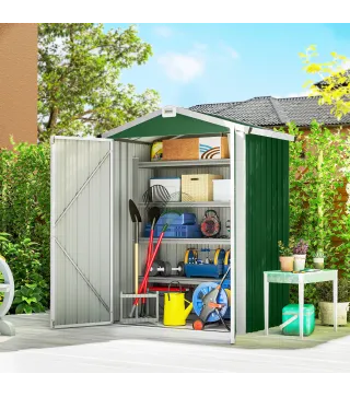 Cobertizo de Jardín Exterior 1,1 m² 133x87x178 cm con 2 Puertas Abatibles Techo a Dos Aguas y Guantes Verde