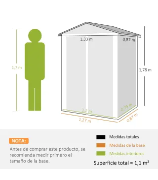 Cobertizo de Jardín Exterior 1,1 m² 133x87x178 cm con 2 Puertas Correderas Techo Inclinado y Guantes Verde