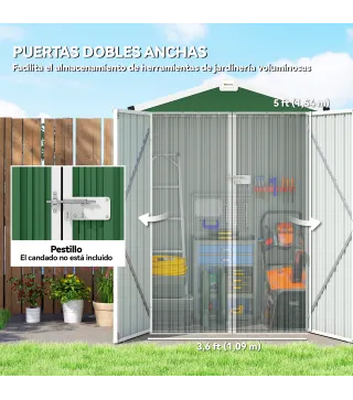 Cobertizo de Jardín Exterior 1,1 m² 133x87x178 cm con 2 Puertas Correderas Techo Inclinado y Guantes Verde