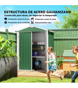 Cobertizo de Jardín Exterior 1,1 m² 133x87x178 cm con 2 Puertas Correderas Techo Inclinado y Guantes Verde