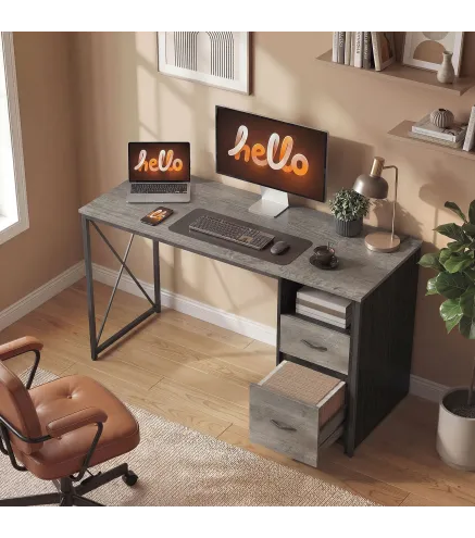 Mesa de Ordenador 120x50 cm Escritorio de Ordenador Industrial con Compartimento y 2 Cajones para Oficina Gris Claro