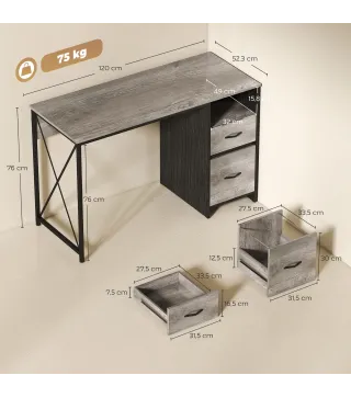 Mesa de Ordenador 120x50 cm Escritorio de Ordenador Industrial con Compartimento y 2 Cajones para Oficina Gris Claro