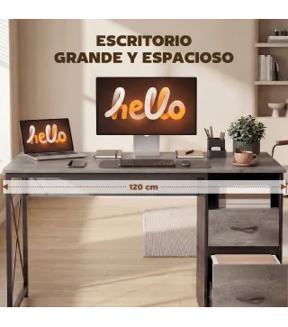 Mesa de Ordenador 120x50 cm Escritorio de Ordenador Industrial con Compartimento y 2 Cajones para Oficina Gris Claro