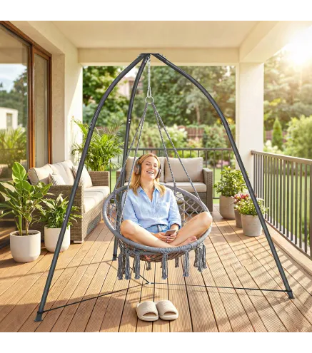 Soporte para Silla Colgante Triangular con Cadena Ajustable Base Estable para Patio Jardín Carga 150 kg Negro