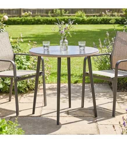 Mesa de Comedor de Jardín con Tablero de Vidrio Templado con Borde de Ratán Estructura de Acero 80x80x74 cm Gris