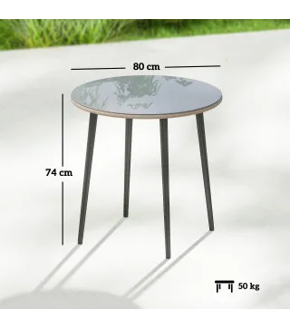 Mesa de Comedor de Jardín con Tablero de Vidrio Templado con Borde de Ratán Estructura de Acero 80x80x74 cm Gris