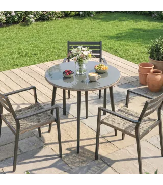 Mesa de Comedor de Jardín con Tablero de Vidrio Templado con Borde de Ratán Estructura de Acero 80x80x74 cm Gris