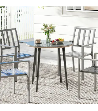 Mesa de Comedor de Jardín con Tablero de Vidrio Templado con Borde de Ratán Estructura de Acero 80x80x74 cm Gris