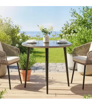 Mesa de Comedor de Jardín con Tablero de Vidrio Templado con Borde de Ratán Estructura de Acero 80x80x74 cm Gris