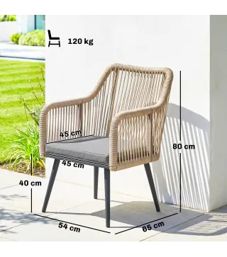 Set de 2 Sillas de Jardín Exterior de Ratán con Cojines Reposabrazos y Marco de Acero para Terraza 54x65x80 cm Gris